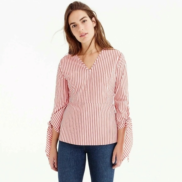 J.Crew x Universal Standard Red White Striped Poplin Tie-Sleeve Cotton Blend Top - Picture 1 of 12